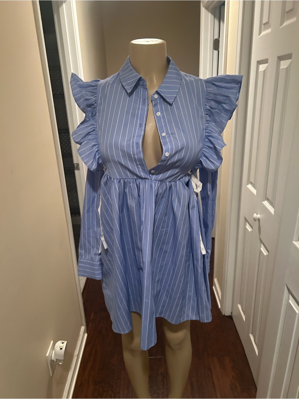 English Factory Blue Pinstripe Ruffle Sleeve Mini Dress